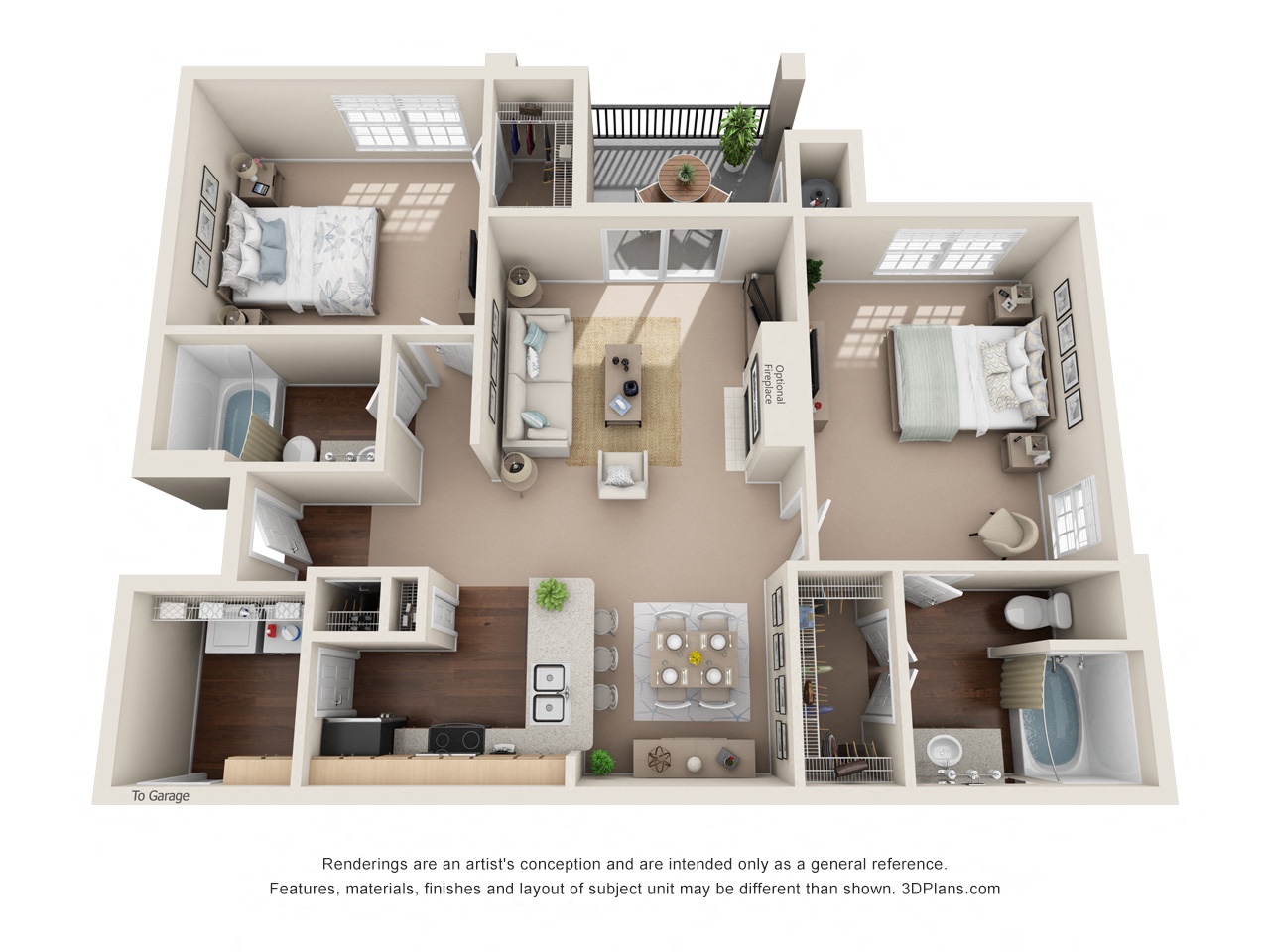 Floor plan for 2 beds, 2 baths, 1175 sqft